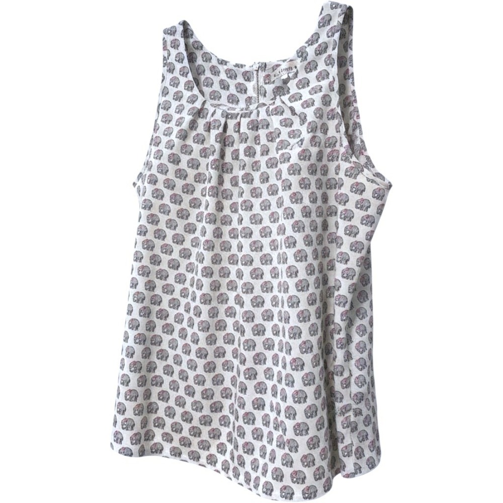 L.A. Soul Elephant Print‎ Blouse White Boho Pleated Zip Back Sleeveless Women M